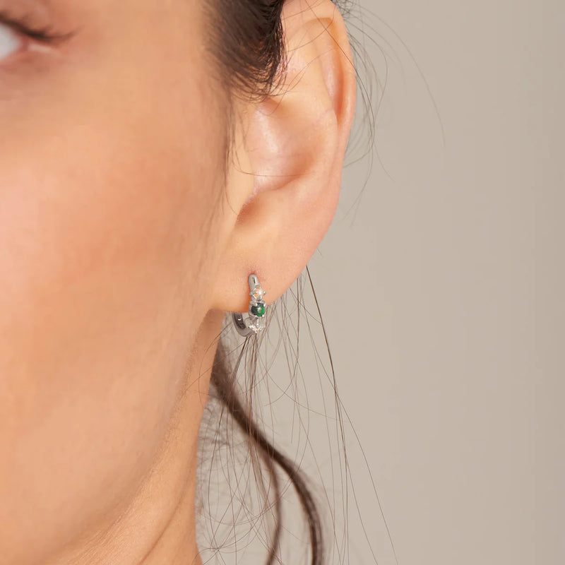 Silver Malachite Star Huggie Hoop Earrings