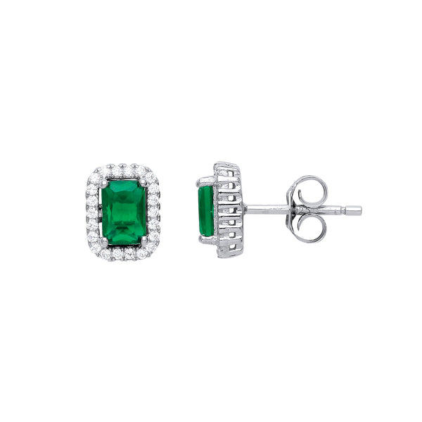 Green Emerald Shaped Sparkle Halo Stud Earrings