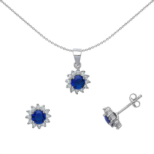 Blue Cubic Zirconia Cluster Earrings and Necklace Set