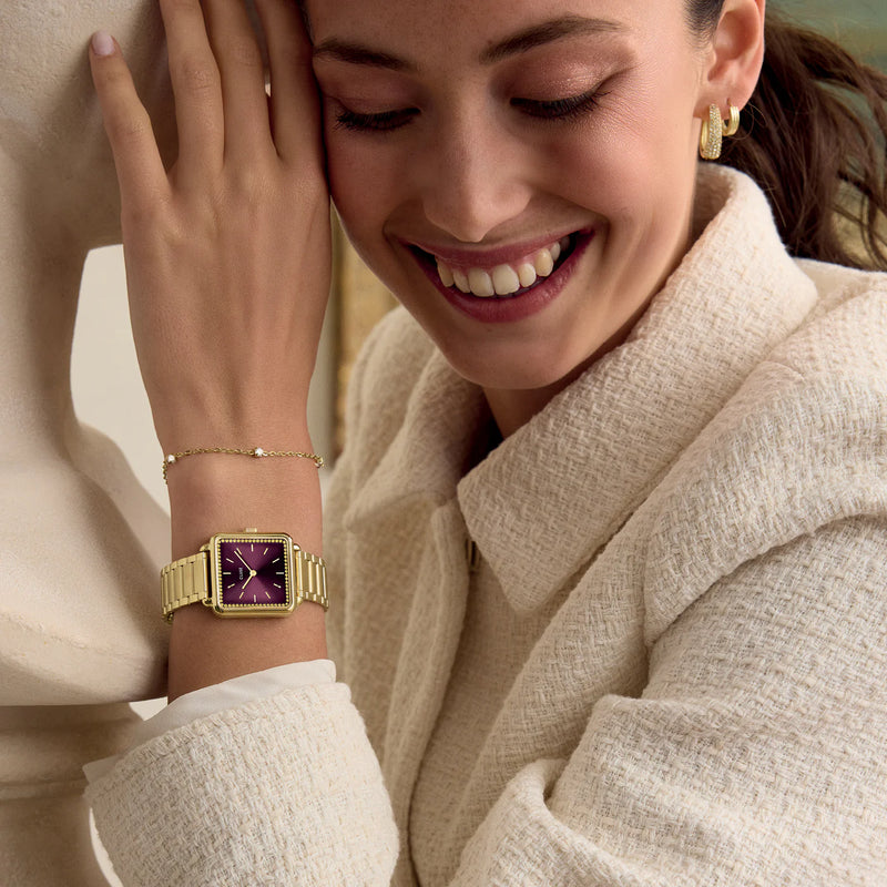 La Tétragone Watch Steel, Wine stones, Gold Colour