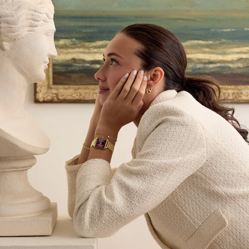 La Tétragone Watch Steel, Wine stones, Gold Colour