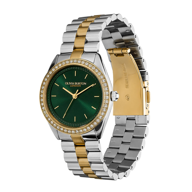Sports Luxe 34mm Bejewelled Forest Green & Two Tone Bracelet Watch