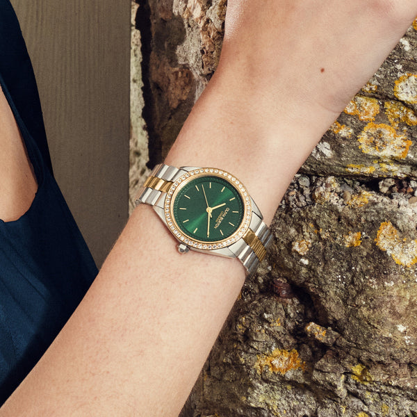 Sports Luxe 34mm Bejewelled Forest Green & Two Tone Bracelet Watch