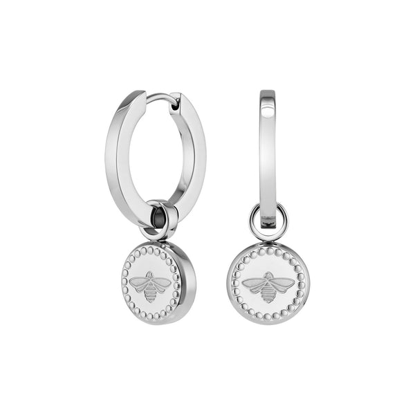 Signature Bee Charm Silver Tone Hoop Earrings