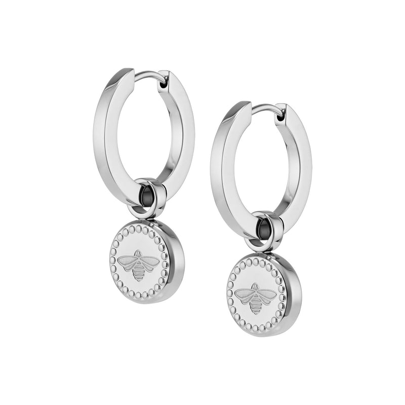 Signature Bee Charm Silver Tone Hoop Earrings
