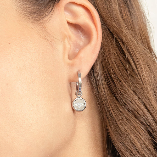 Signature Bee Charm Silver Tone Hoop Earrings