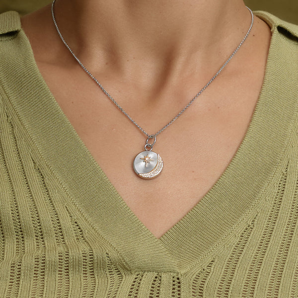 Signature Celestial Star and Moon Silver Tone Pendant Necklace