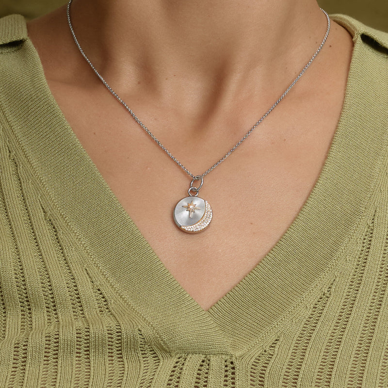 Signature Celestial Star and Moon Silver Tone Pendant Necklace