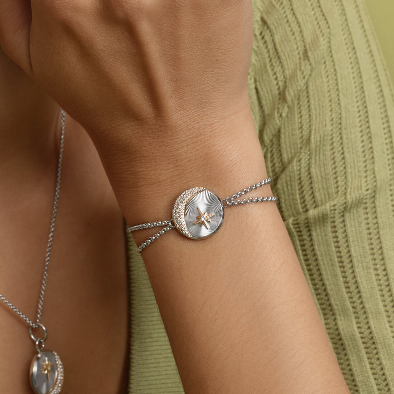 Signature Celestial Star and Moon Silver Tone Bracelet
