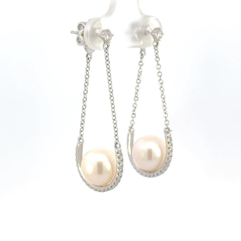 Pearl and Diamond Horseshoe shaped Drop Earrings