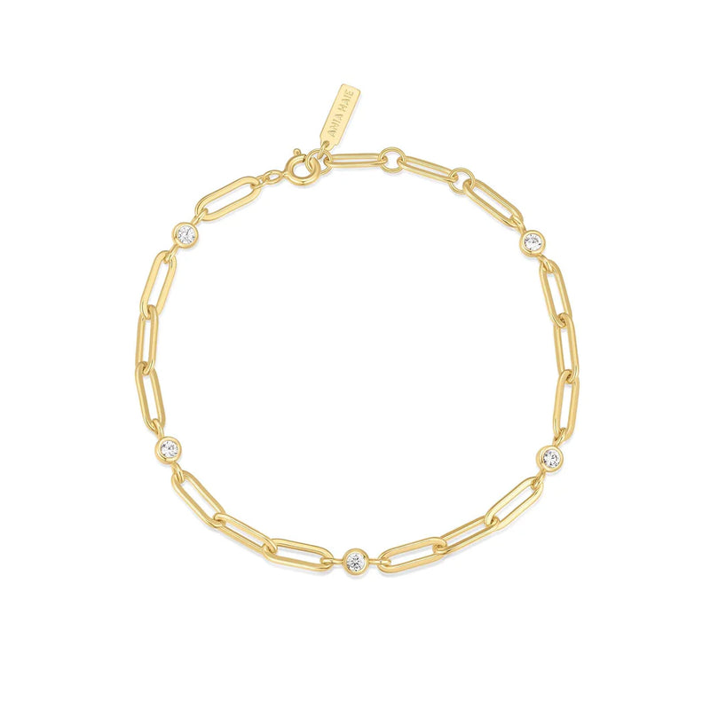 Gold Bezel Station Paper Clip Chain Bracelet
