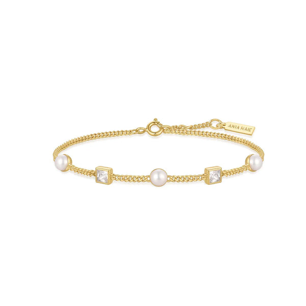 Gold Bezel-Set Cube and Pearl Station Bracelet