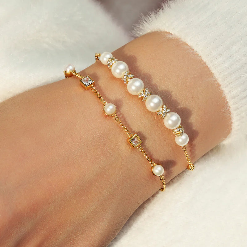 Gold Bezel-Set Cube and Pearl Station Bracelet