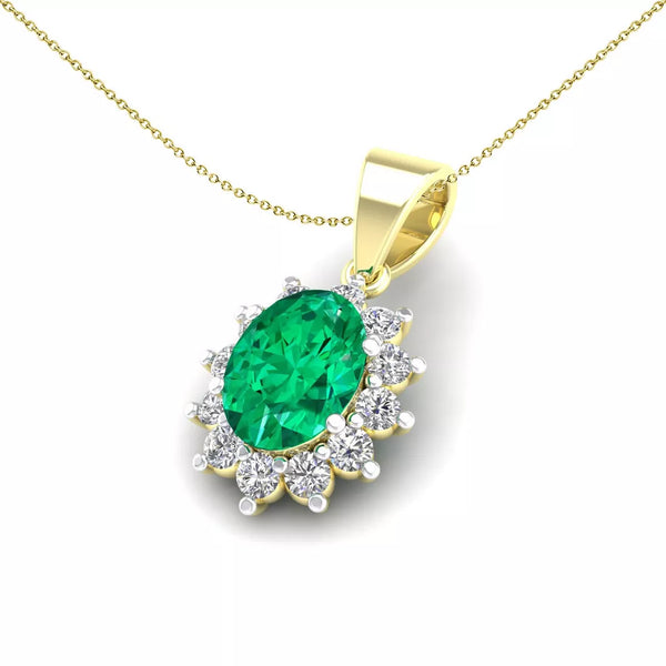 9ct Yellow Gold Cubic Zirconia Cluster Pendant With A Oval Emerald Stone Centre