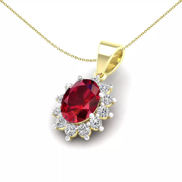 9ct Yellow Gold Cubic Zirconia Cluster Pendant With A Oval Ruby Stone Centre