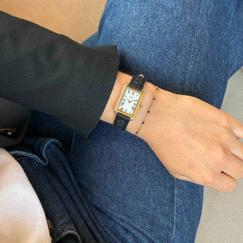 Belisenna Watch Leather, Black Quilted, Gold Colour