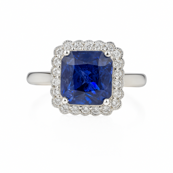 Ring with a blue gemstone and diamond-studded halo on a white background