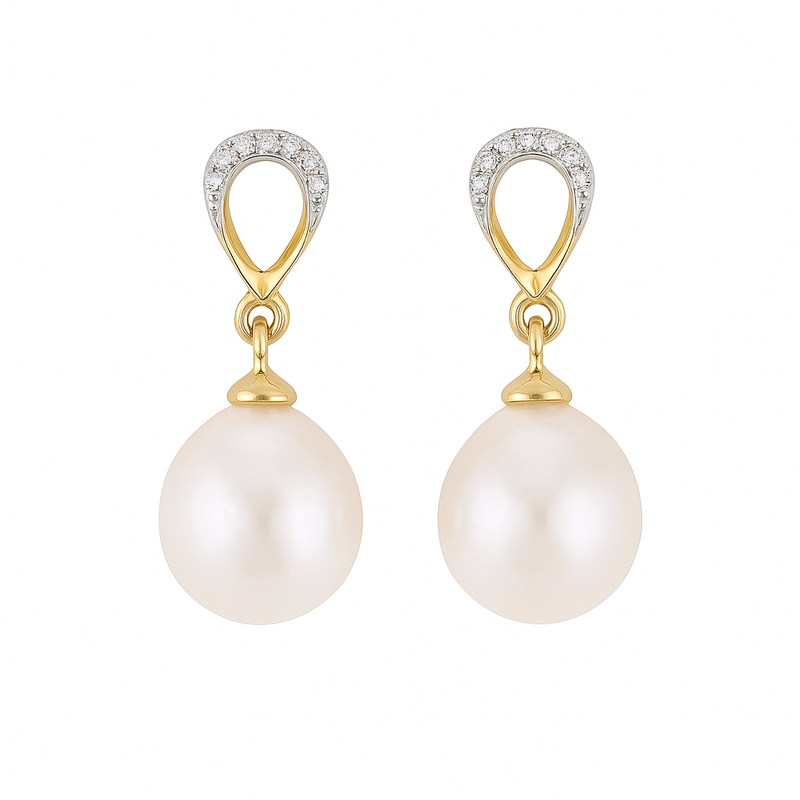 9ct Gold Diamond & Pearl Drop Earrings