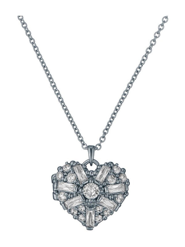 Cherish Crystal Cluster Heart Locket Pendant Necklace Silver Tone