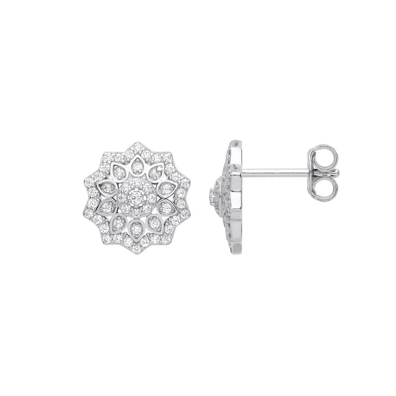 Silver CZ Mosaic Decagram Cluster Stud Earrings