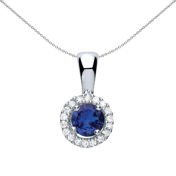 Blue CZ Solitaire Halo Pendant Necklace