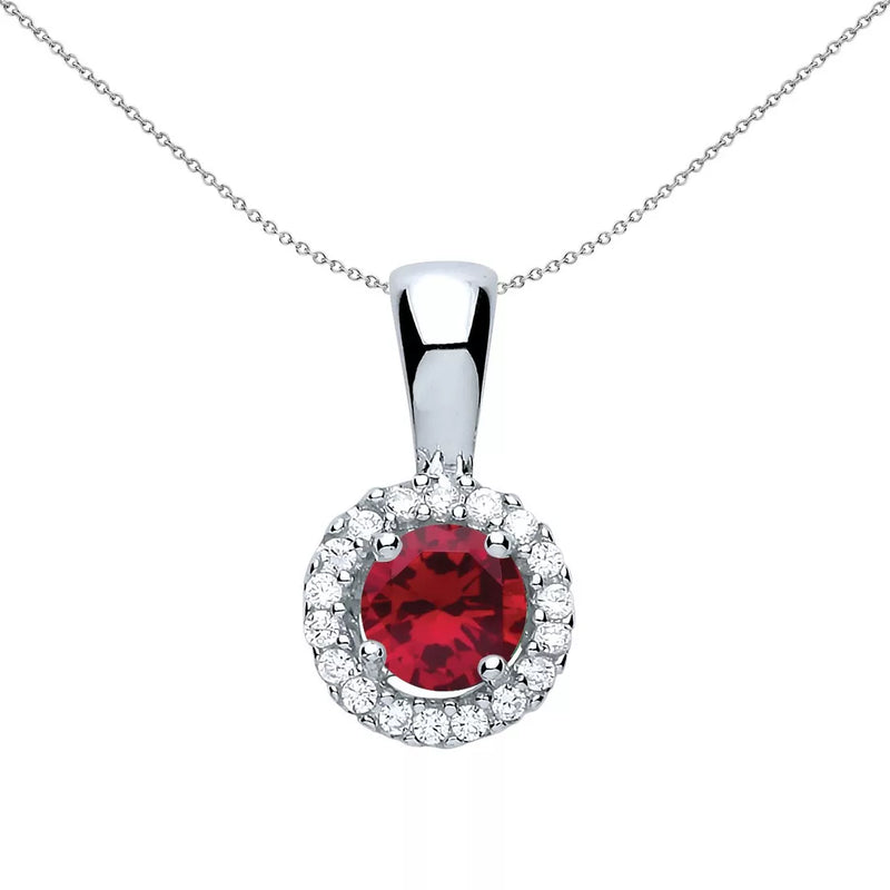 Red CZ Solitaire Halo Pendant Necklace