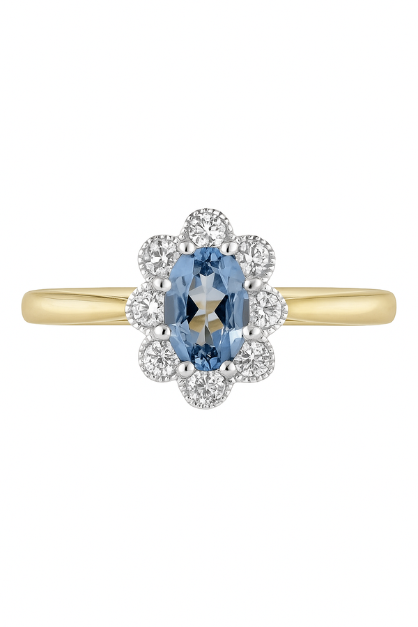 Blue Aquamarine & Diamond Cluster Ring in 9ct Yellow Gold