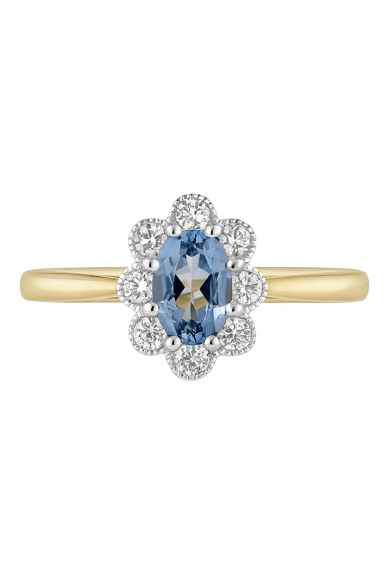 Blue Aquamarine & Diamond Cluster Ring in 9ct Yellow Gold