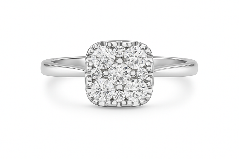 Diamond ring with a square halo on a white background