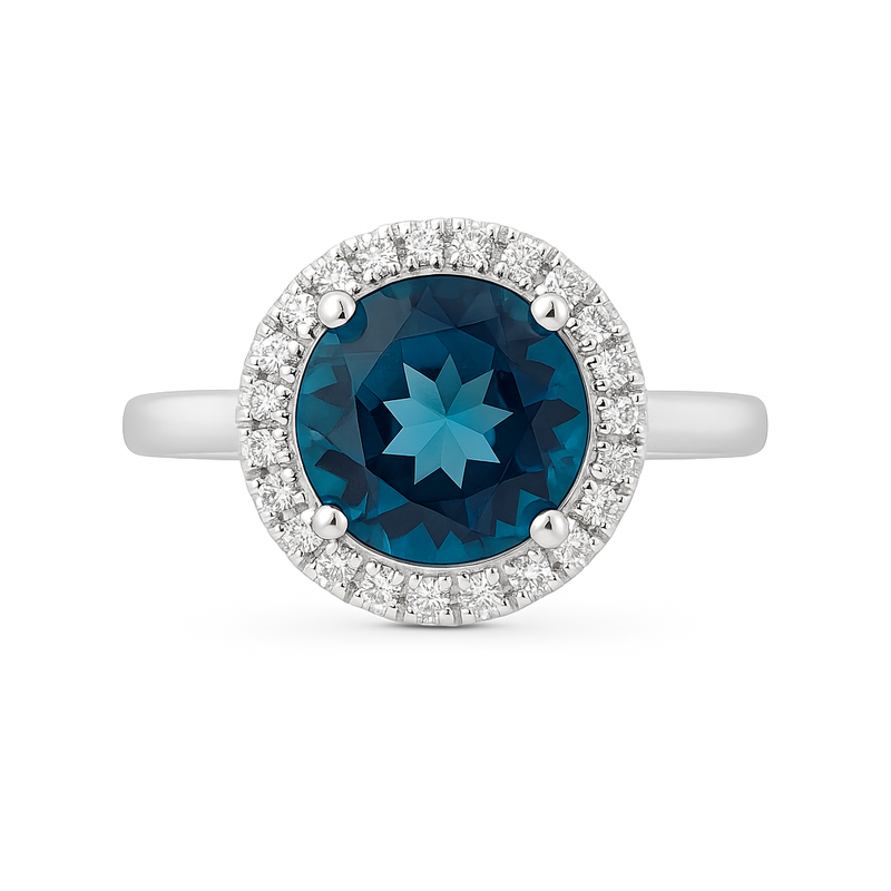 Round Topaz and Diamond Halo Ring