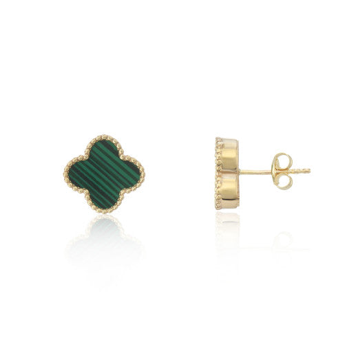 Malachite Clover Earrings 9ct Yellow Gold