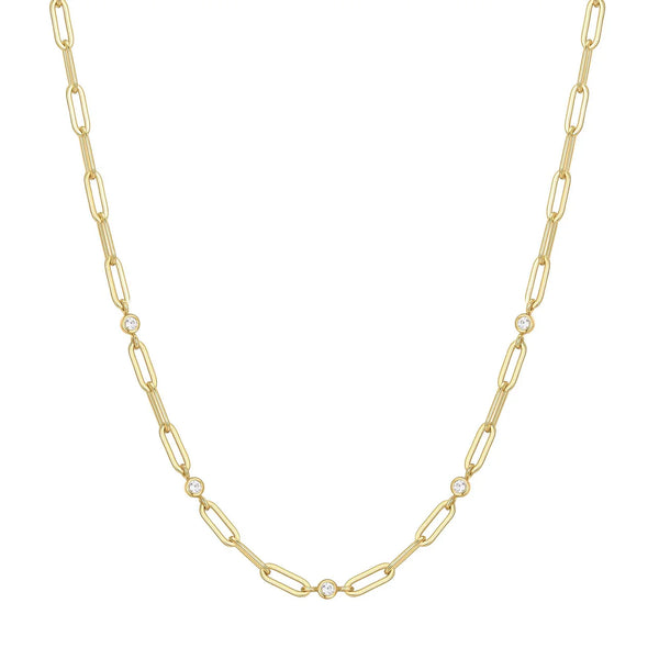 Gold Bezel Station Paper Clip Chain Necklace