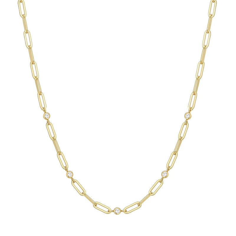Gold Bezel Station Paper Clip Chain Necklace
