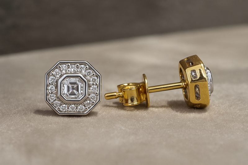 Art Deco Diamond Stud Earrings with 18ct Yellow Gold Stem
