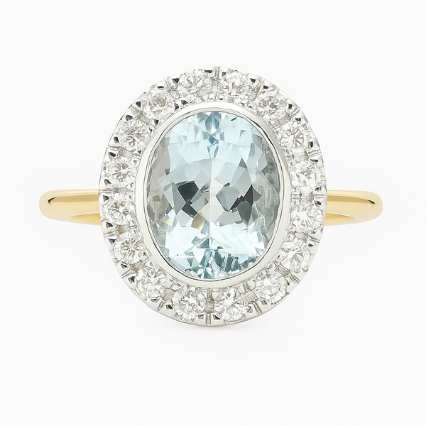 Ring with a blue gemstone and diamond-studded halo on a white background