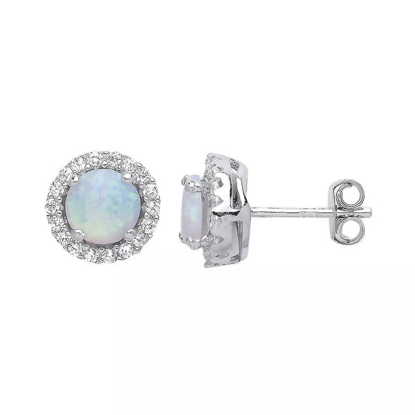 Silver Round Opal Halo Cluster Stud Earrings