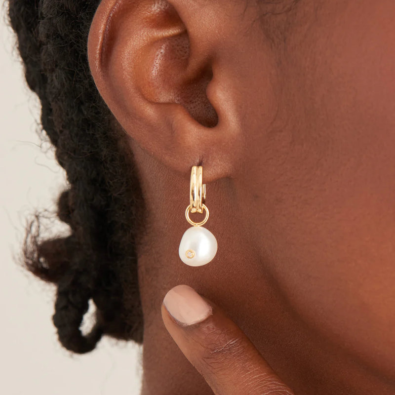 Gold Pearl Drop Sparkle Huggie Hoop Earrings