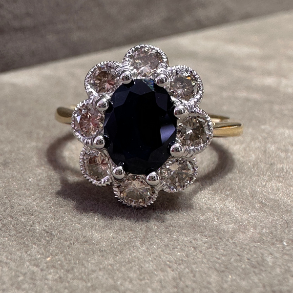 Oval Sapphire and Diamond Cluster