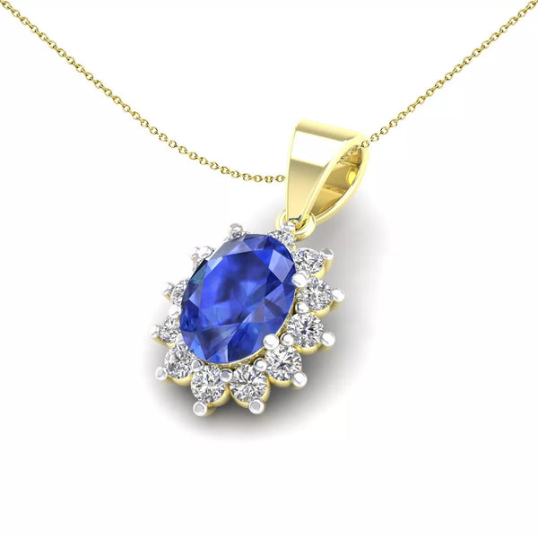 9ct Yellow Gold Cubic Zirconia Cluster Pendant With A Oval Sapphire Stone Centre