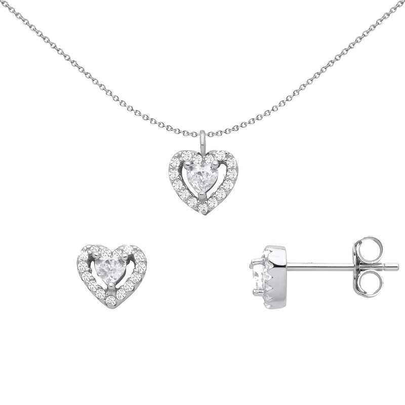 Silver Love Heart Halo Solitaire Earrings Necklace Set