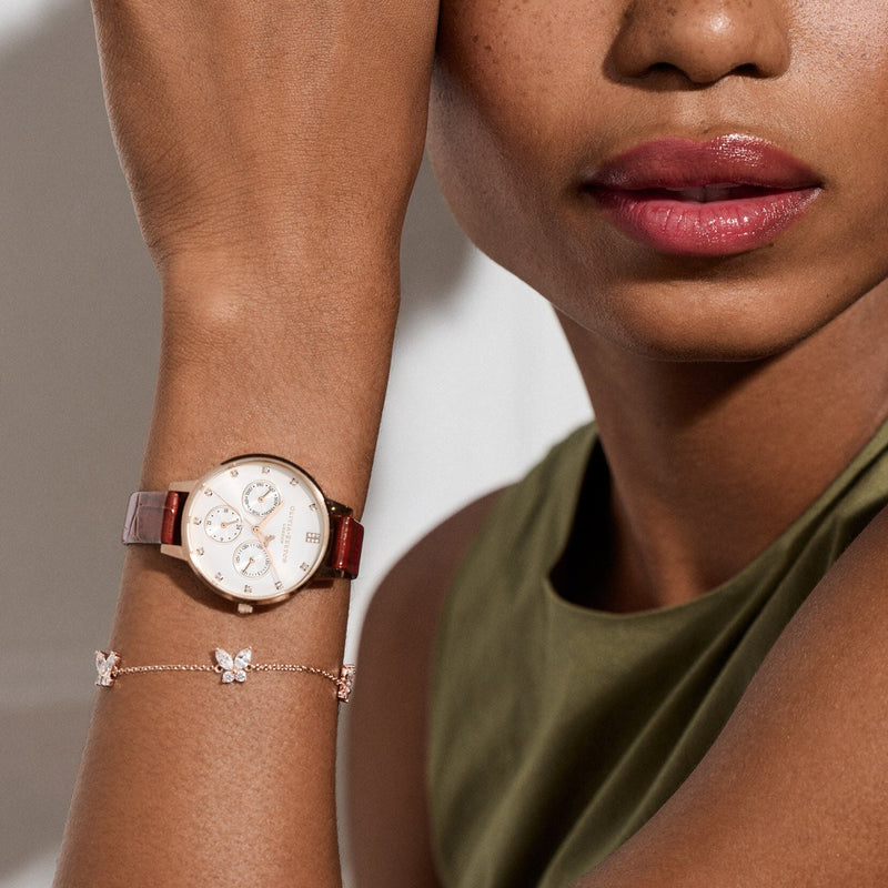 Multifunction 34mm White, Carnation Gold & Burgundy Leather Strap Watch