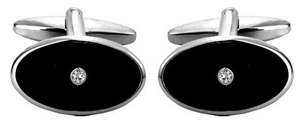 Black Oval Enamel & Crystal Rhodium Plate Cufflinks