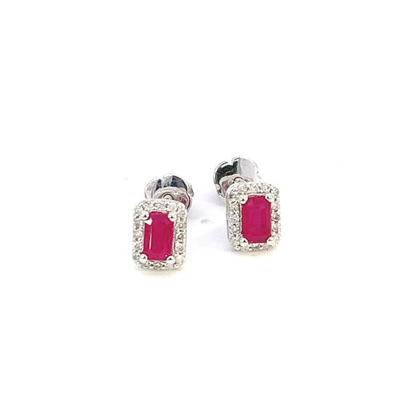 Ruby and Round Brilliant Cut Diamond Halo Earrings