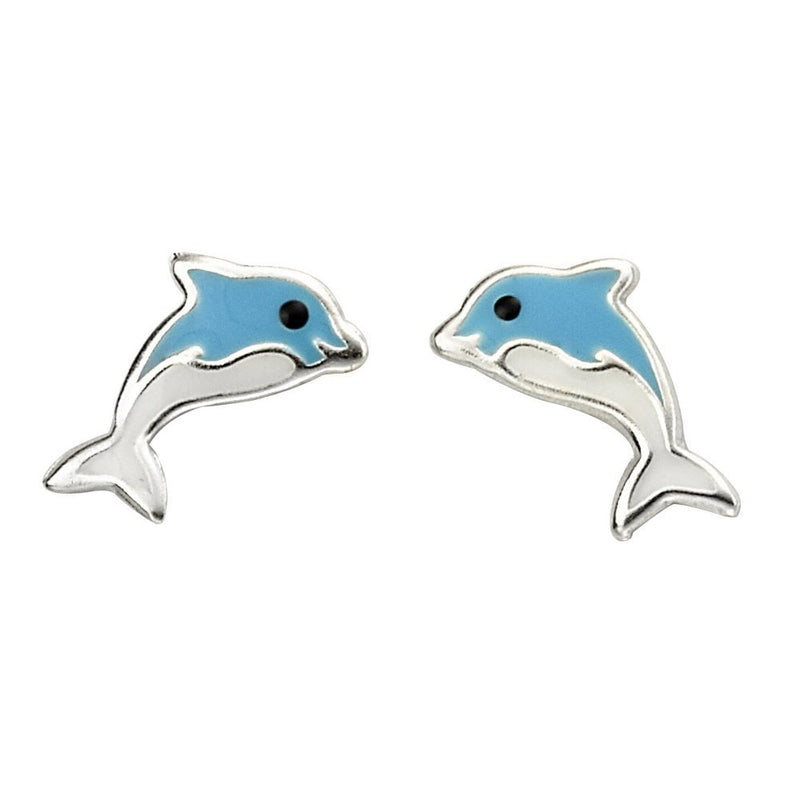 Blue Enamel Dolphins Stud Earrings